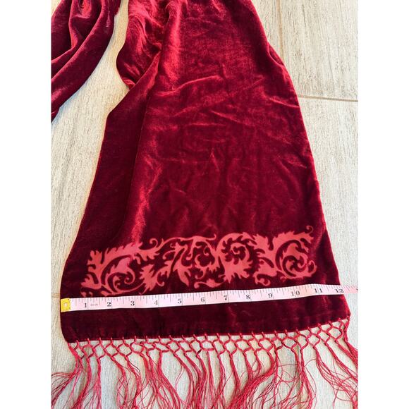 LRL Lauren Ralph Lauren Scarf Womens Burgundy Velvet Fringe Silk Blend Elegant - Picture 2 of 7